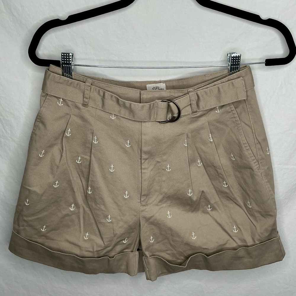 J CREW Women's Anchor Print Chino Shorts Sz 4 Khaki Belted Pleated Cuff Nautical